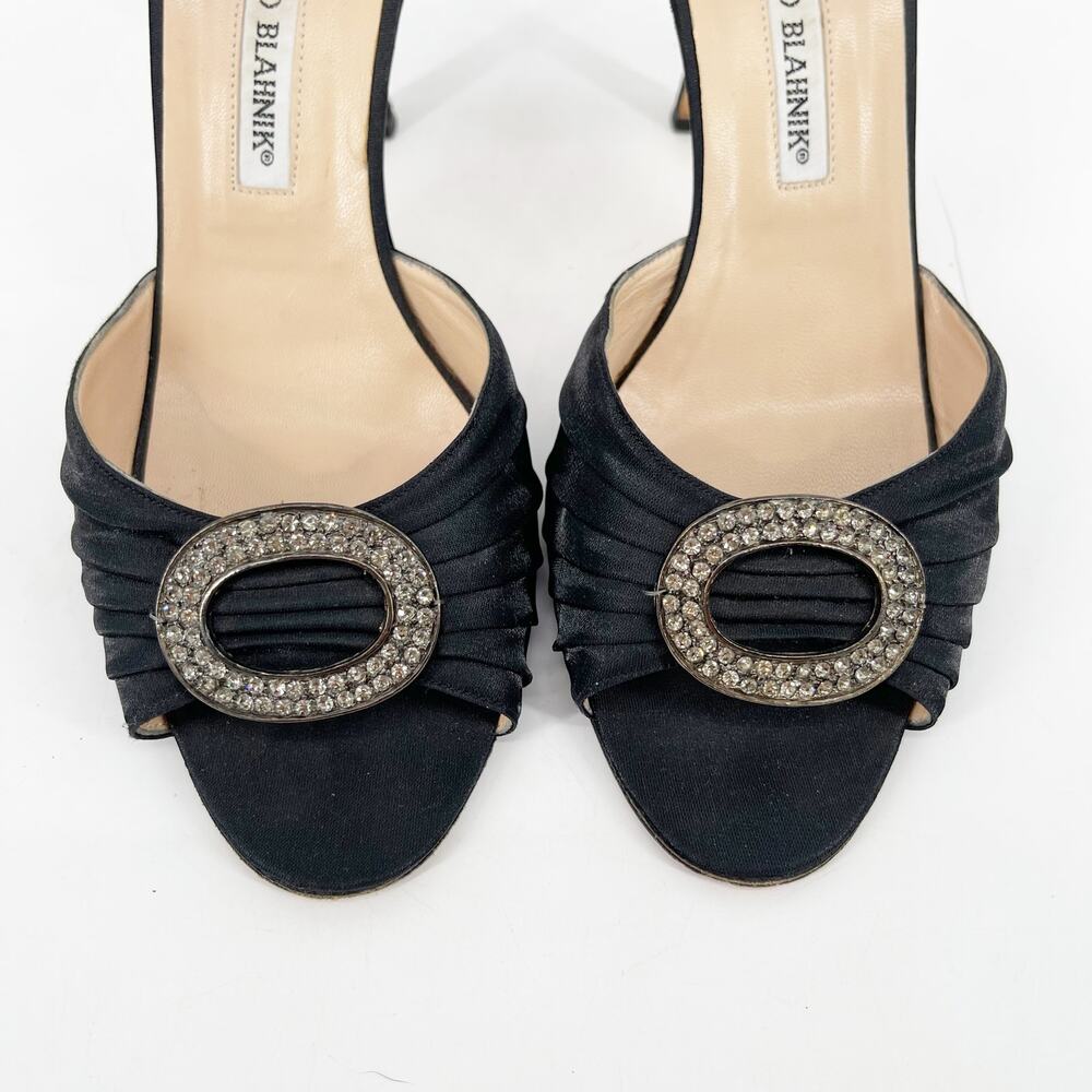 Manolo Blahnik y2k Black Satin Sedaraby Crystal D’Orsay Peep Toe Heels IT 39 - Picture 6 of 11